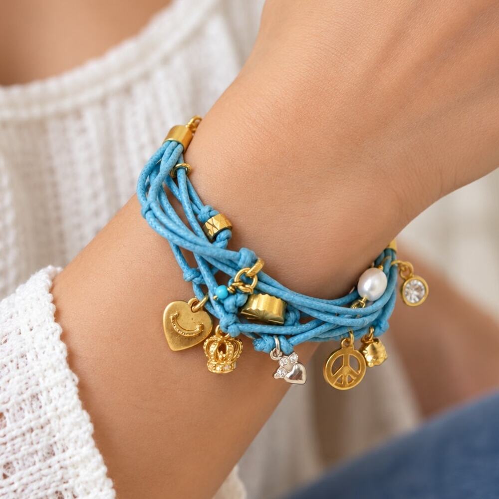 Vintage Y2K Juicy Couture Blue Cord Charm Bracelet Crown Peace Heart